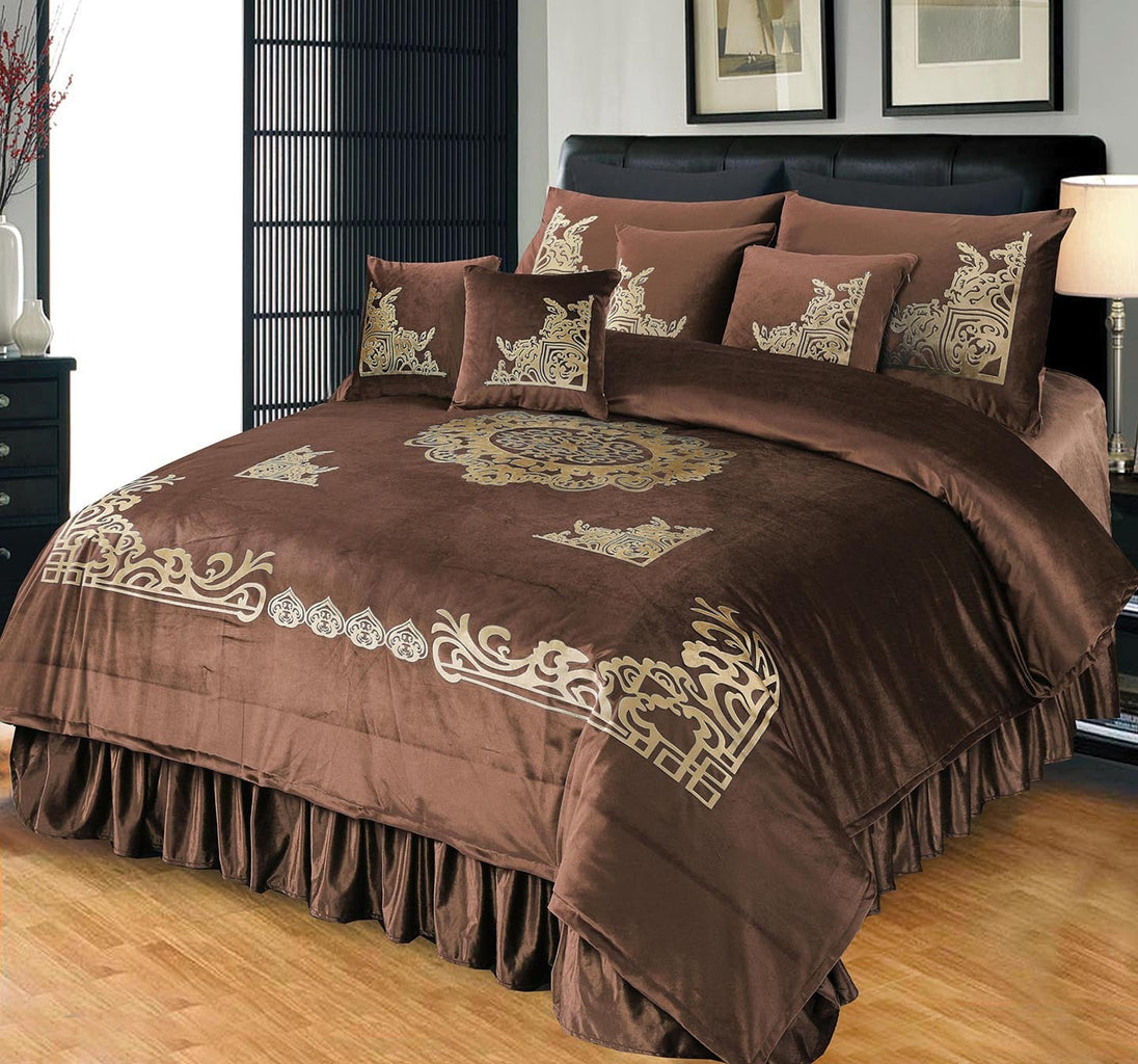 8 Pcs Luxury Velvet Duvet Set Brown