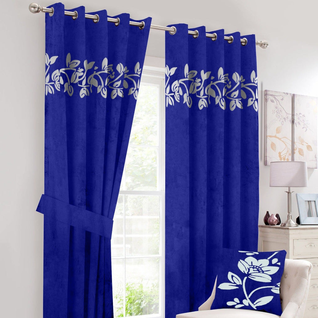 2 Panels Luxury Velvet Embroidered Curtains With 2 Belts(Blue & White)