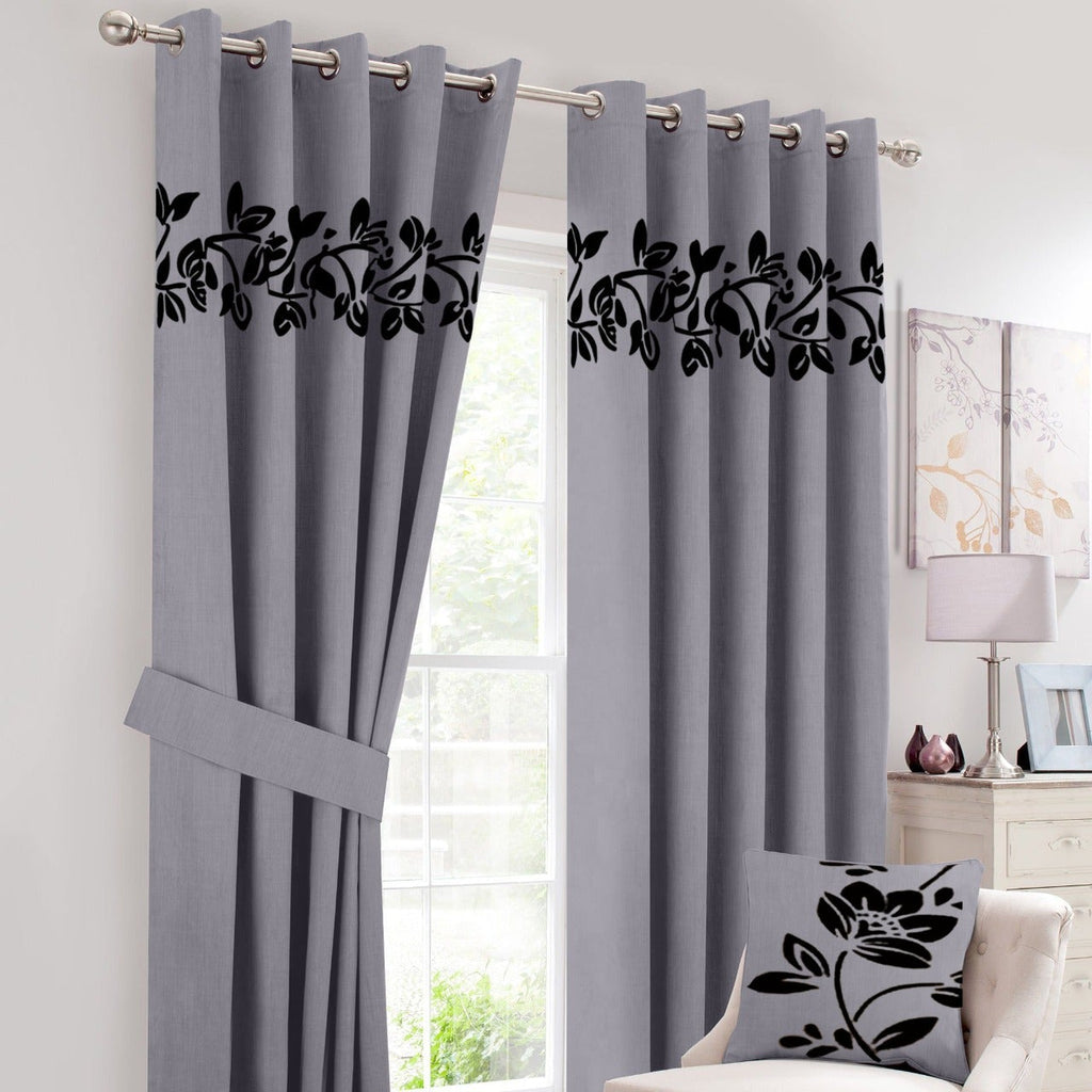 2 Panels Luxury Velvet Embroidered Curtains With 2 Belts (Gray & Black)