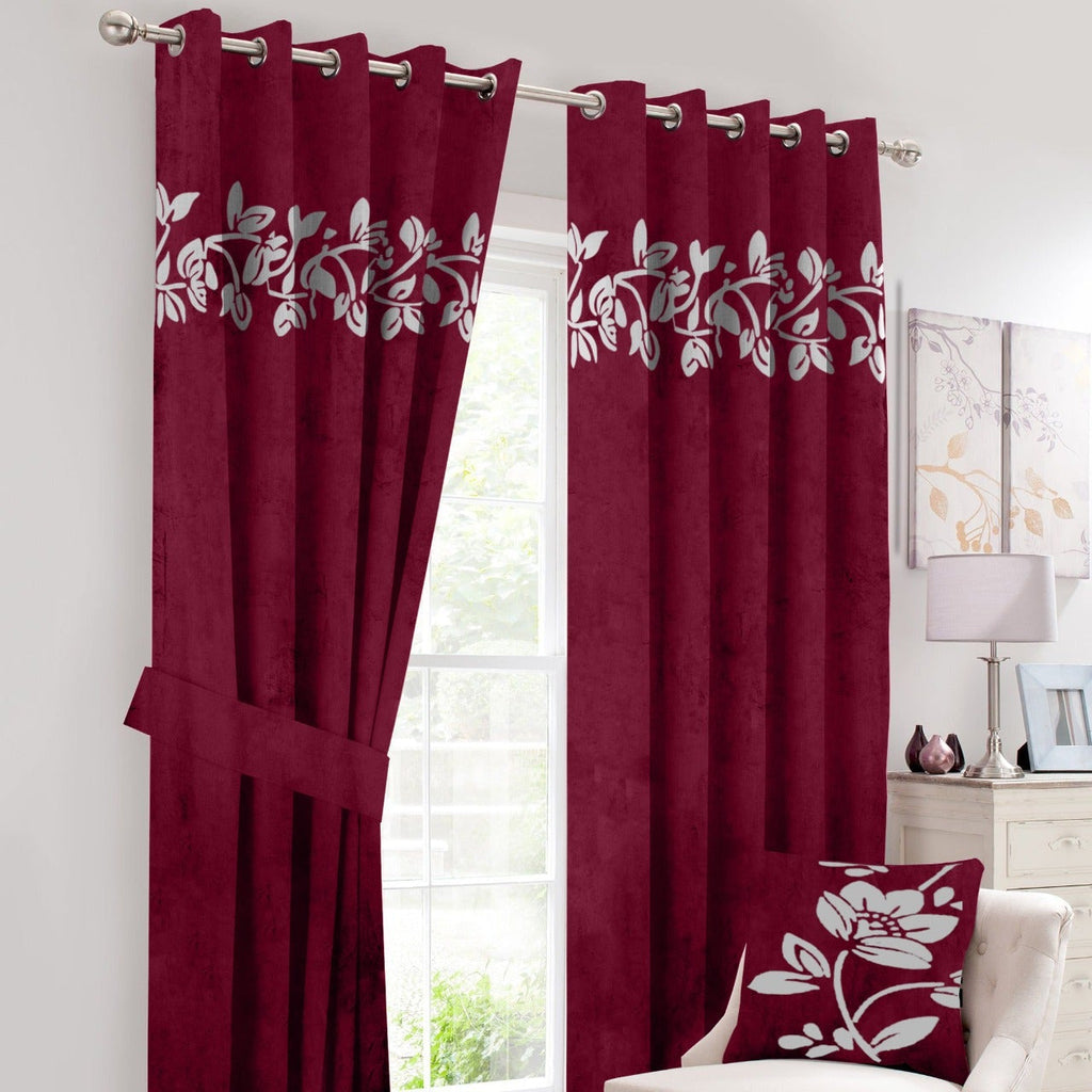 2 Panels Luxury Velvet Embroidered Curtains With 2 Belts(Maroon & White)