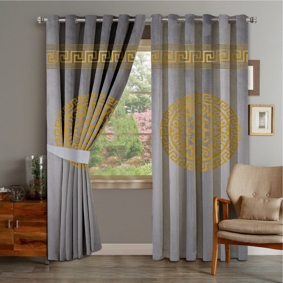 2 PIECE OF PREMIUM VELVET CURTAINS WITH 2 BELTS (LIGHT GRAY&GOLD)