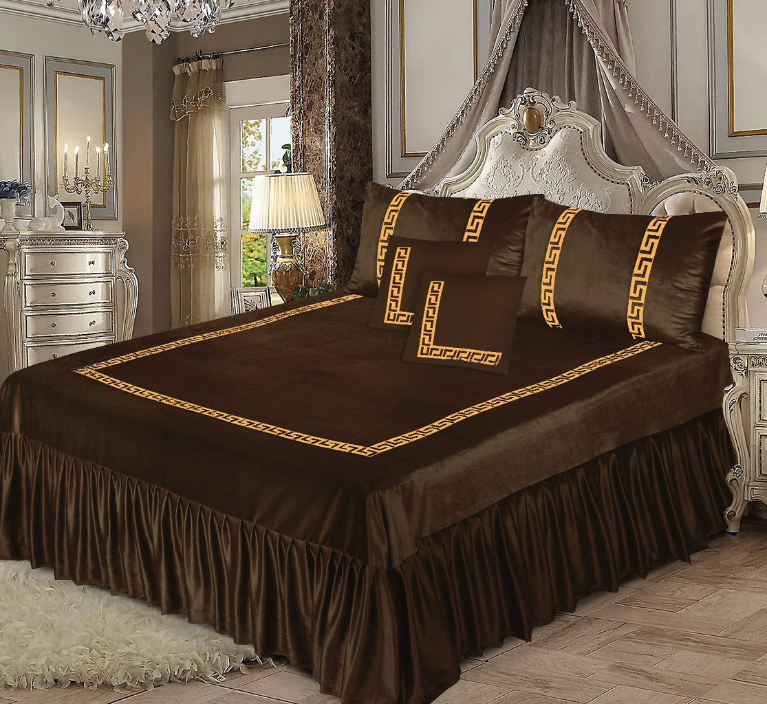 5PCS CHOCLATE BROWN VELVET FRILL BED SHEET SET BE-1505