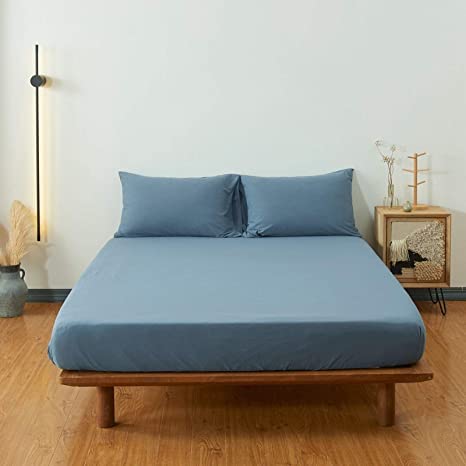 Dyed Cotton Fitted Sheet With Pillow Covers-Aqua