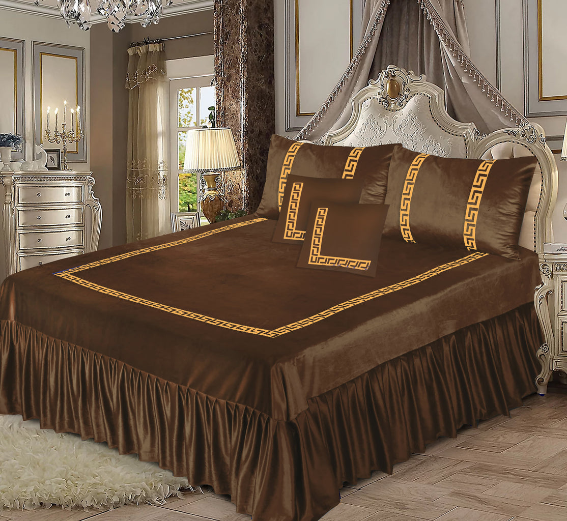 5PCS BROWN VELVET FRILL BED SHEET SET BE-1506