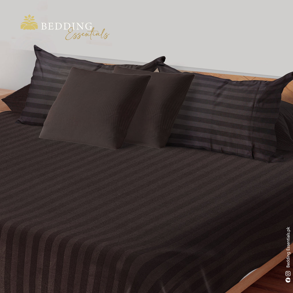 7 Pcs Dark Brown Bedsheet Set Fabric Stripe Cotton Satin BE BS 024