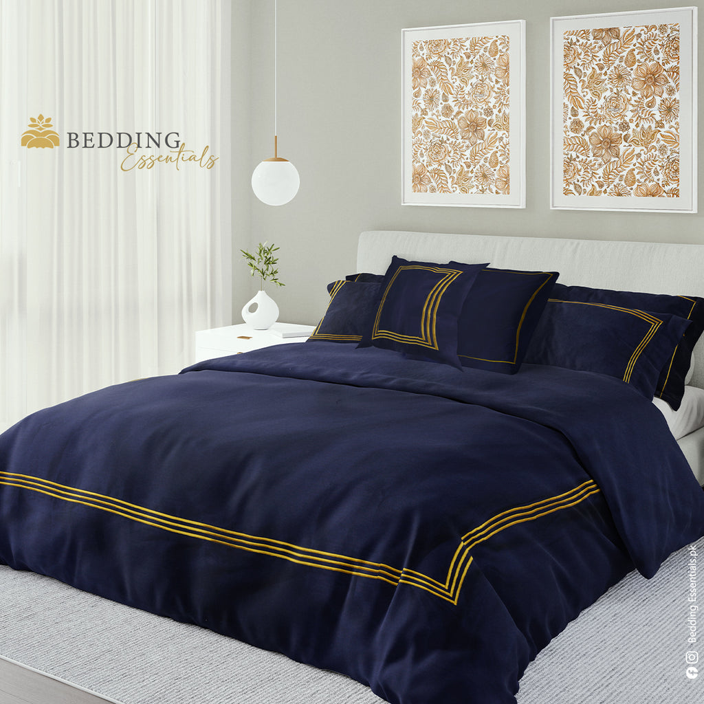 8 Pcs Duvet Cover Set Fabric Cotton Satin Navy Blue Yelow Stripes BE DCS 13