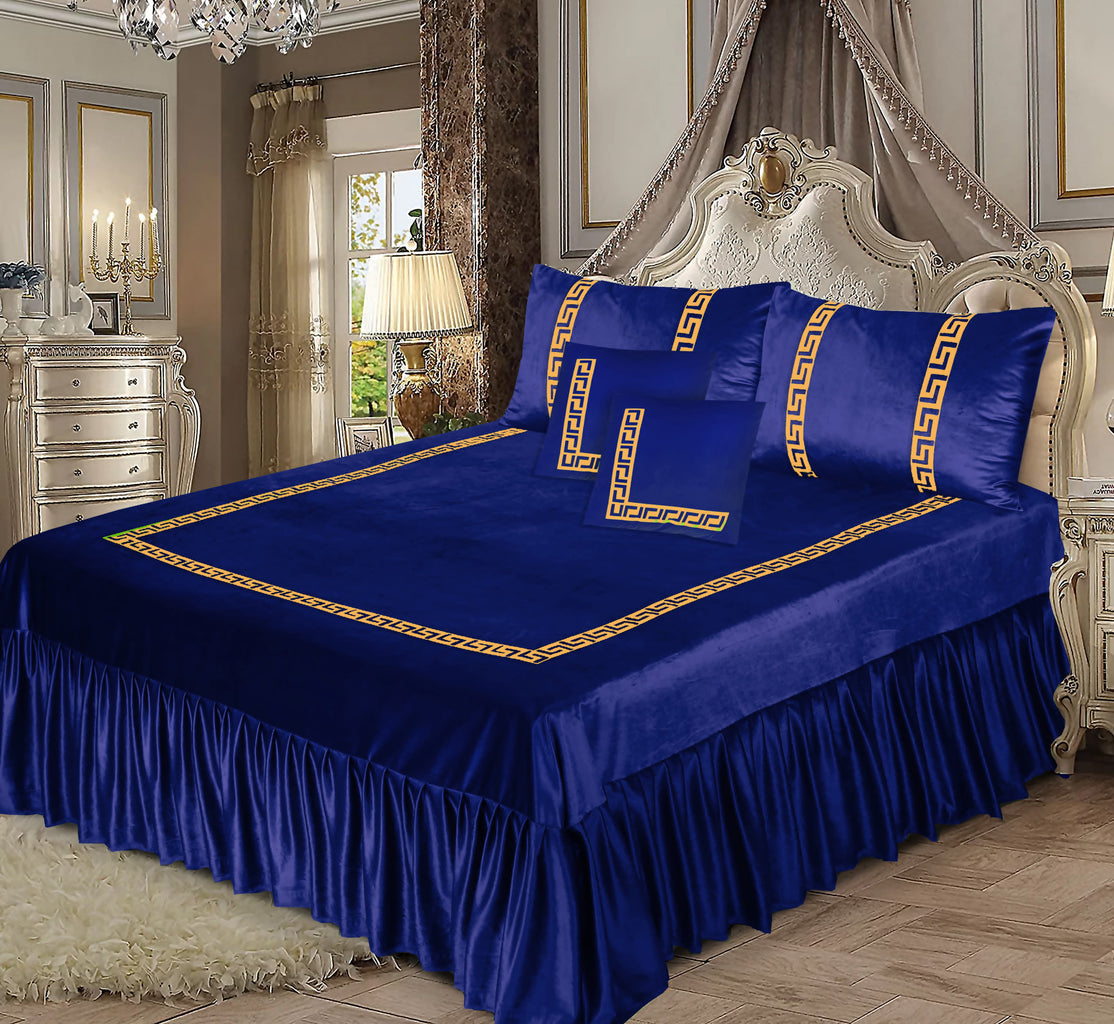 5PCS ROYAL BLUE VELVET FRILL BED SHEET SET BE-1501