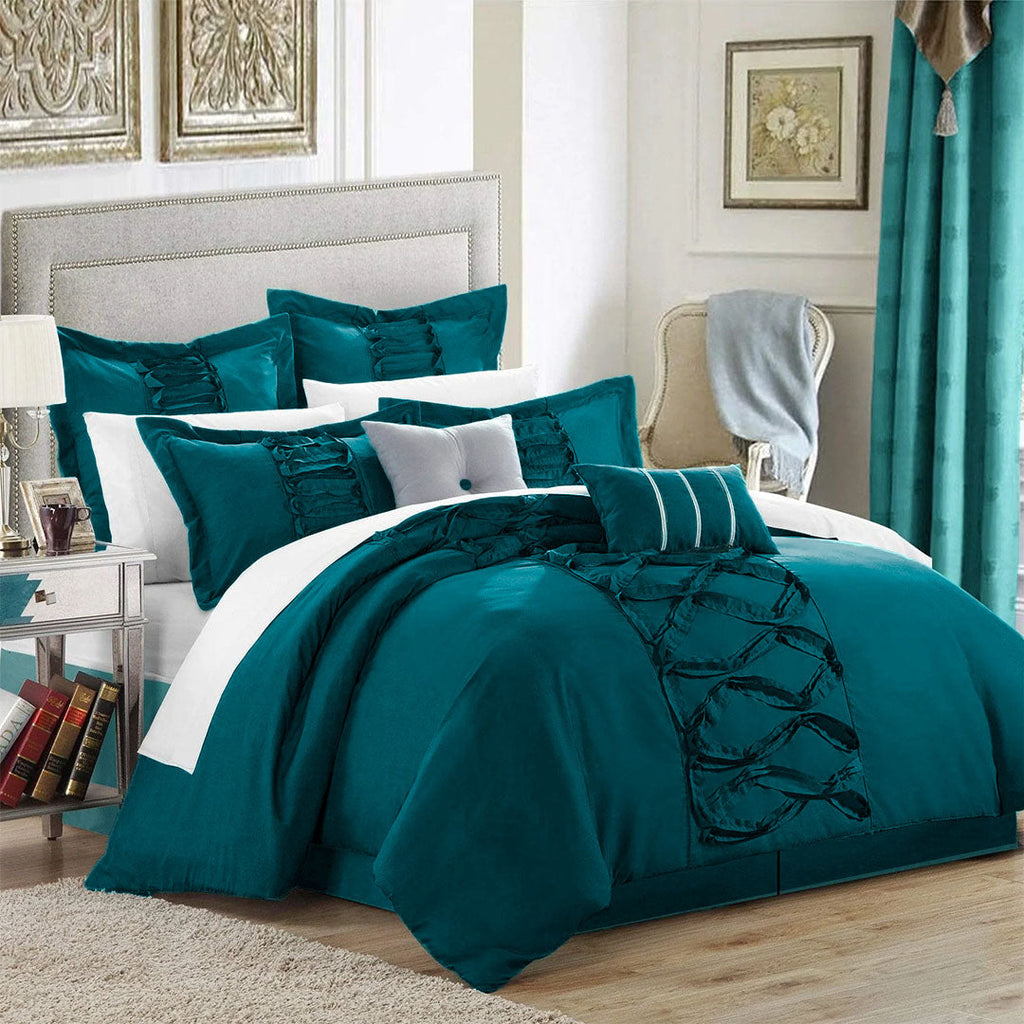 Luxury Loop Frill Bridal Duvet Set 8 Pcs-Turquoise