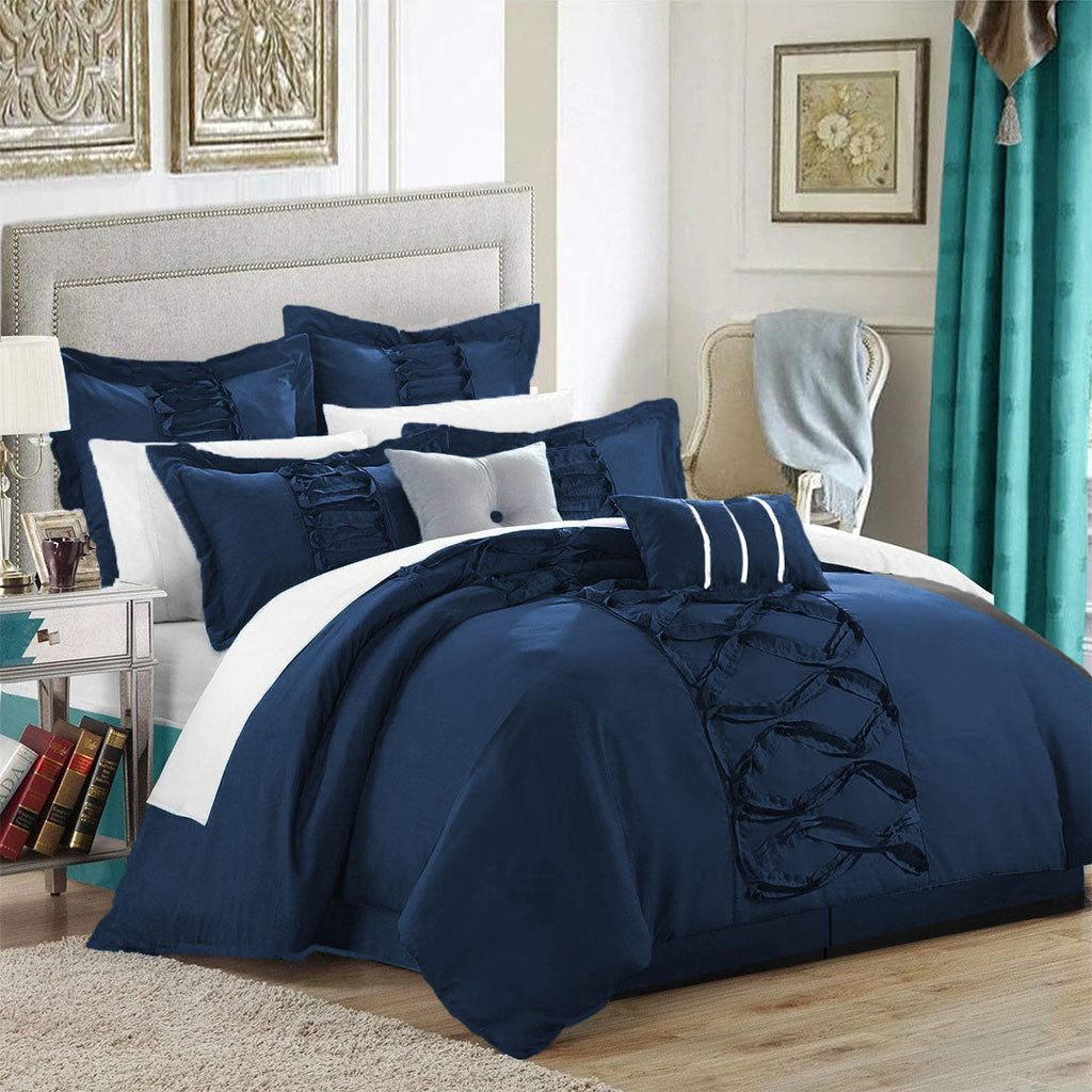 Luxury Loop Frill Bridal Duvet Set 8 Pcs-Navy Blue