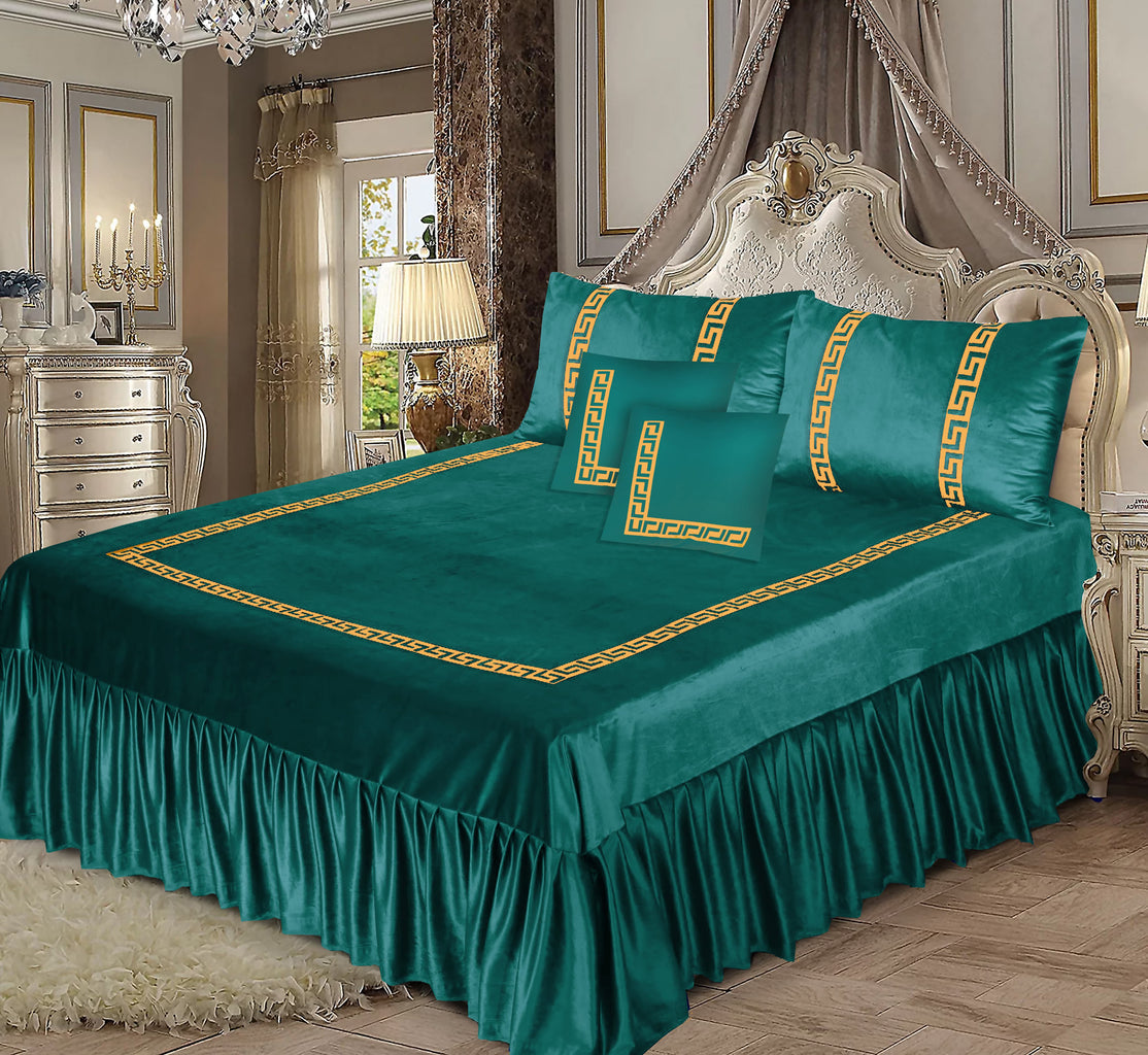 5PCS GREEN VELVET FRILL BED SHEET SET BE-1503