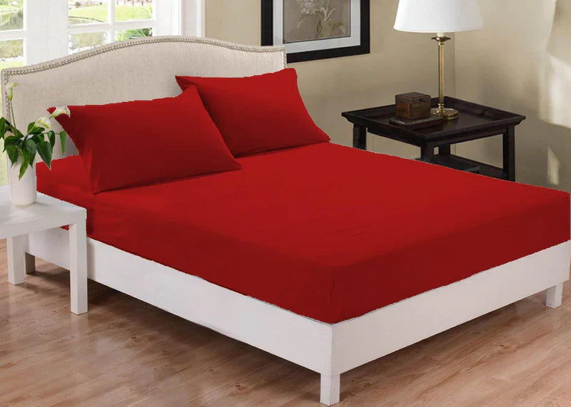 Dyed Cotton Fitted Sheet With Pillow Covers-Red