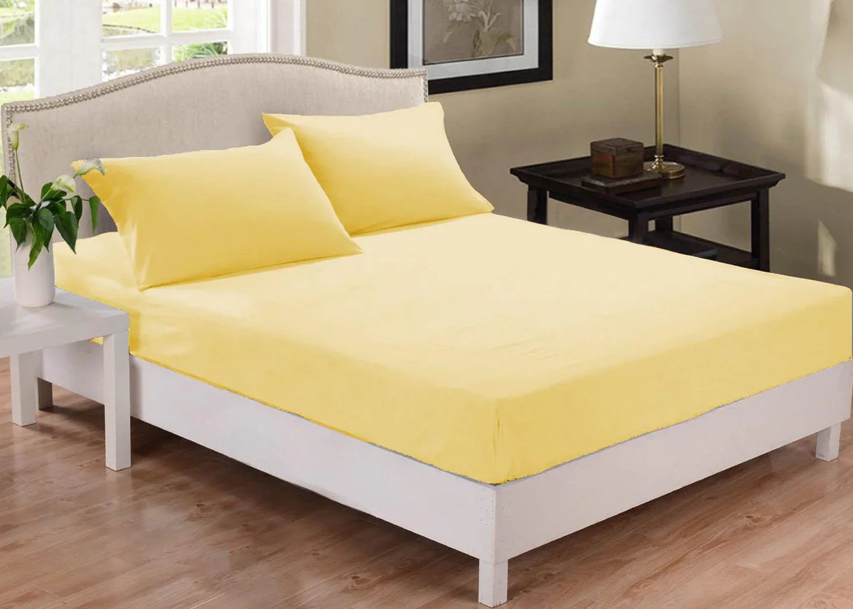 Dyed Cotton Fitted Sheet With Pillow Covers-Yellow