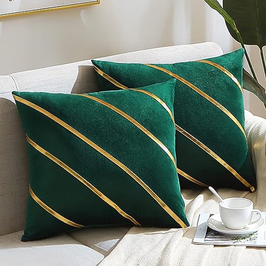 Luxury Velvet Cushion Covers Green With Gold.