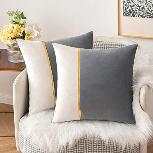 Pack of 2 Velvet Decorative Square Cushion - Grey and White