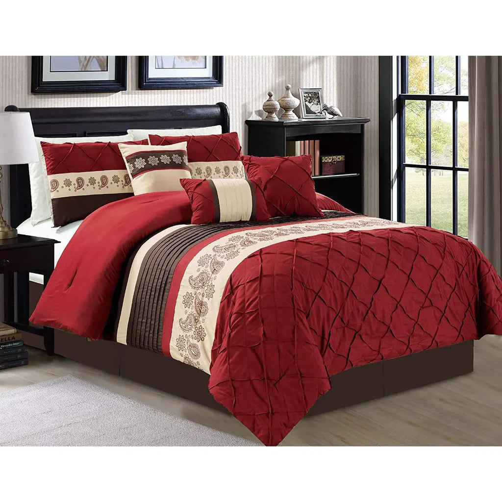 8 Pc's Luxury Embroidered Cross Pleated Duvet Set Maroon