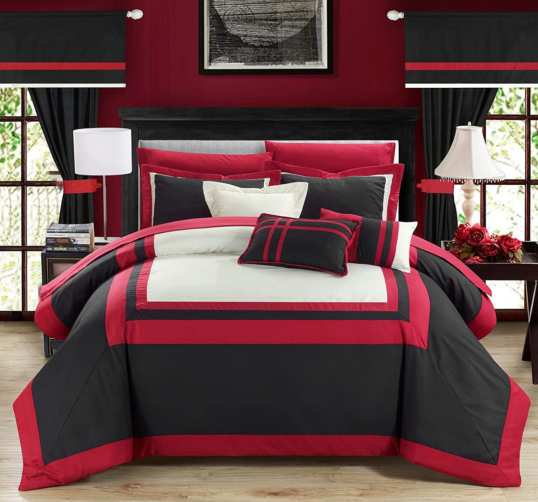 Embellish Patch Pleated Duvet Set - Red & Black