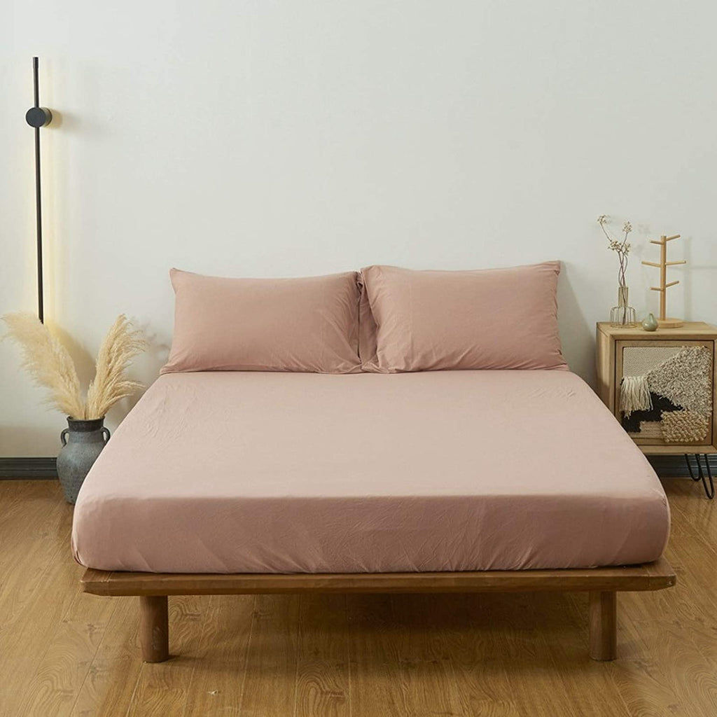 Dyed Cotton Fitted Sheet With Pillow Covers-Peach