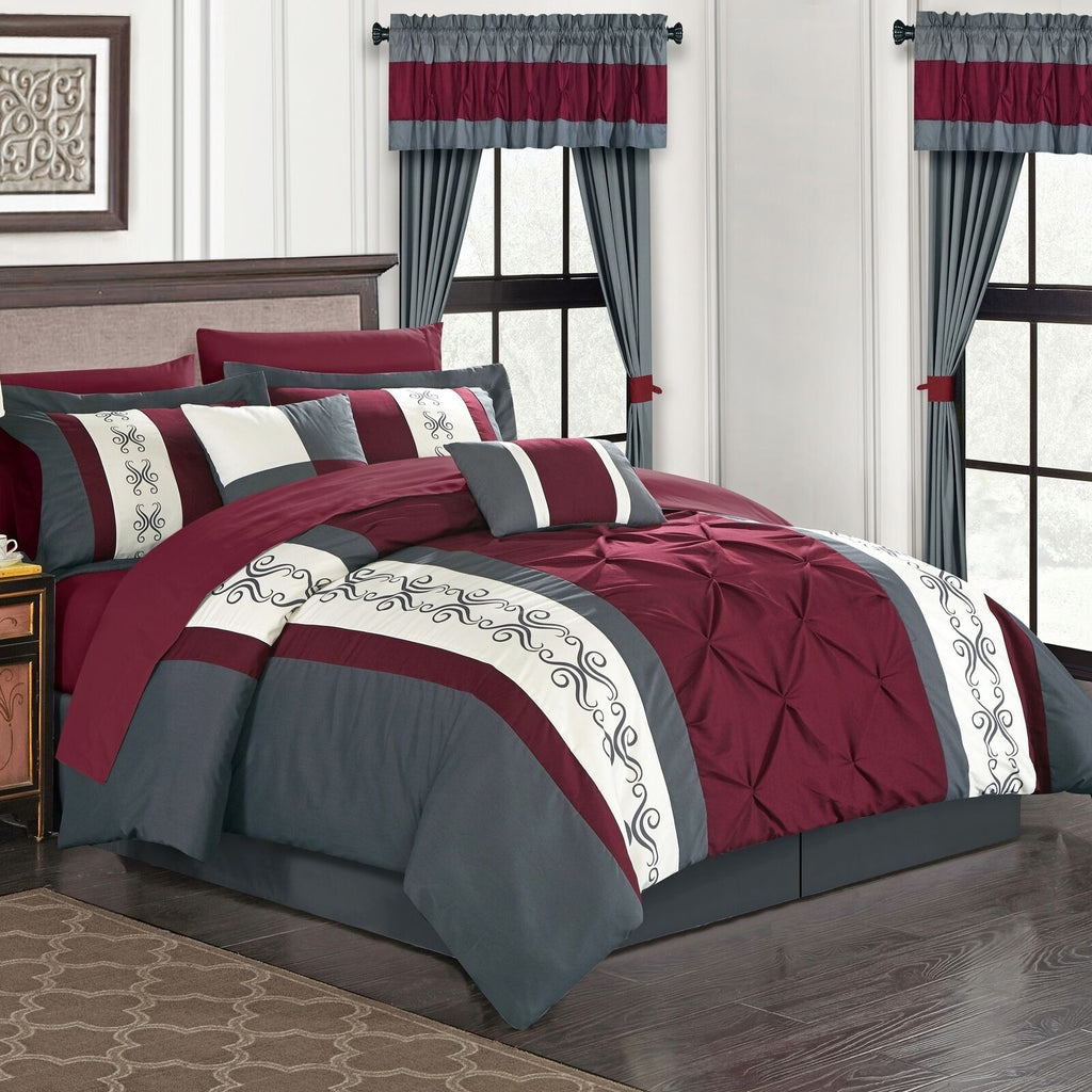 Luxury Pintuck Embroidered Duvet Set-Maroon and Grey