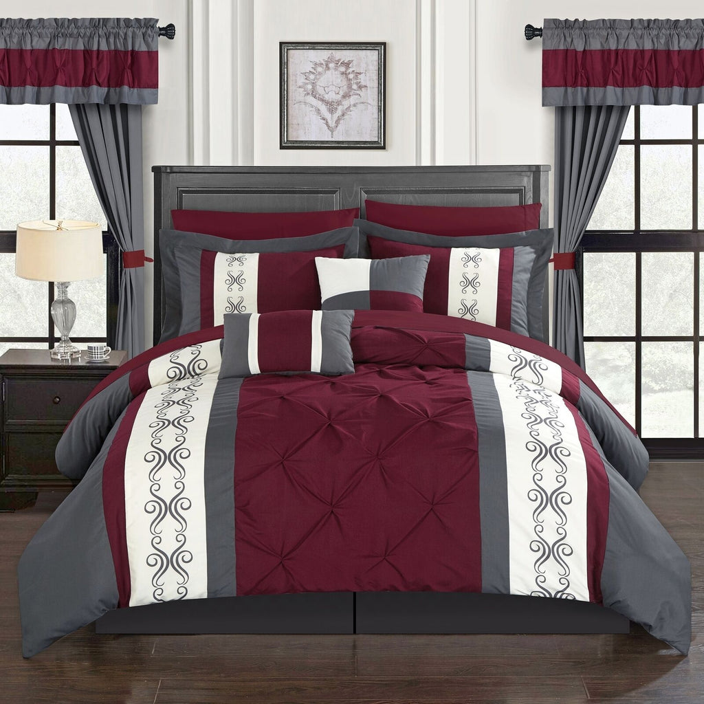 Luxury Pintuck Embroidered Duvet Set-Maroon and Grey