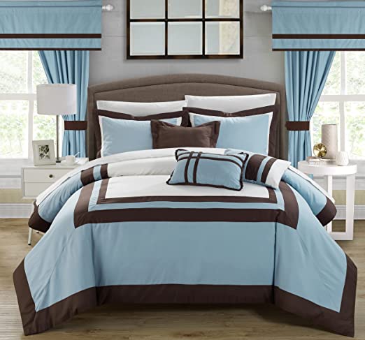 Embellish Patch Pleated Duvet Set -Sky & Brown