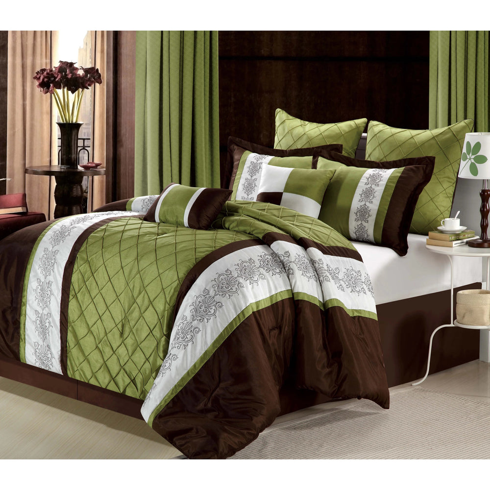 Brown and Green Embroidered Pleated Duvet Set