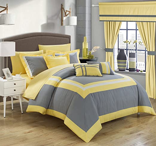 Embellish Patch Pleated Duvet Set -Yellow & Gray