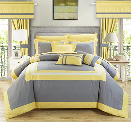 Embellish Patch Pleated Duvet Set -Yellow & Gray